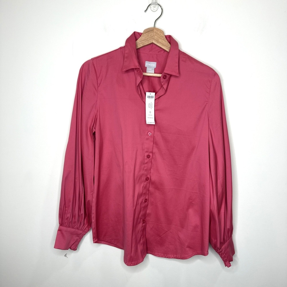 NEW Chicos Button Up Blouse Top Long Sleeve Womens 0 4/6 Coral Smocked Billow